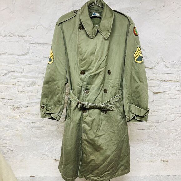 US ARMY VINTAGE OVERCOAT FIELD OD-7 TRENCH USA Regular Medium Korean War Vietnam - Picture 1 of 10